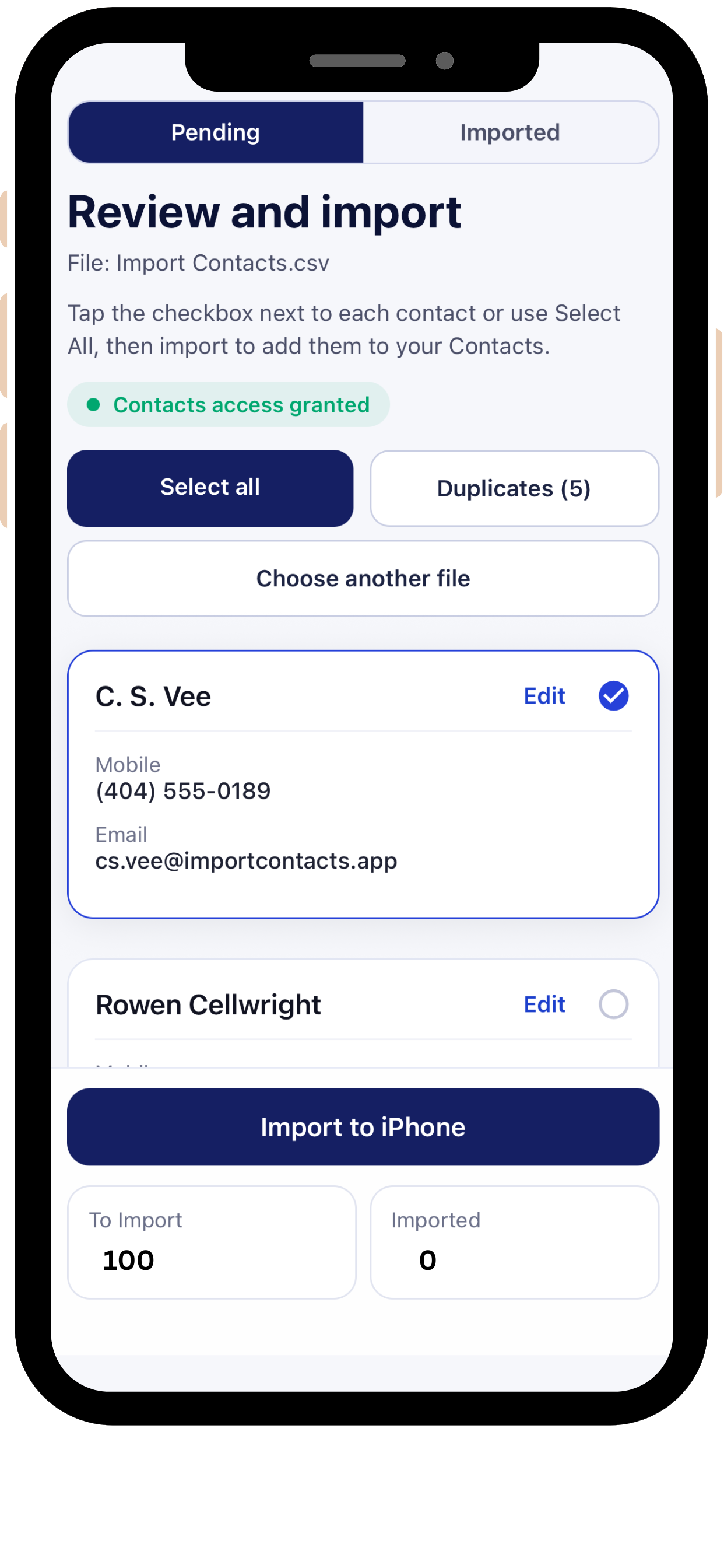 Screenshot of the Import Contacts app on iPhone